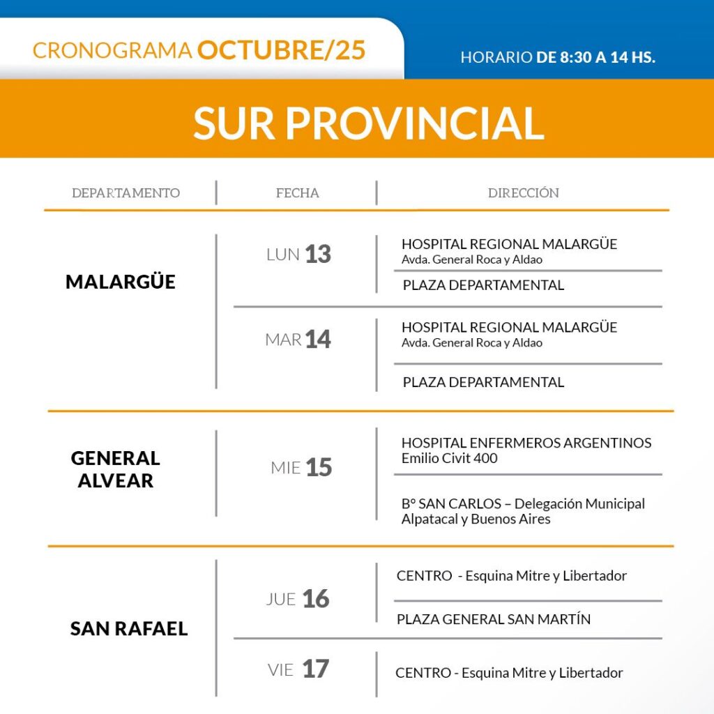 Este es el cronograma completo del recorrido del movil en el sur